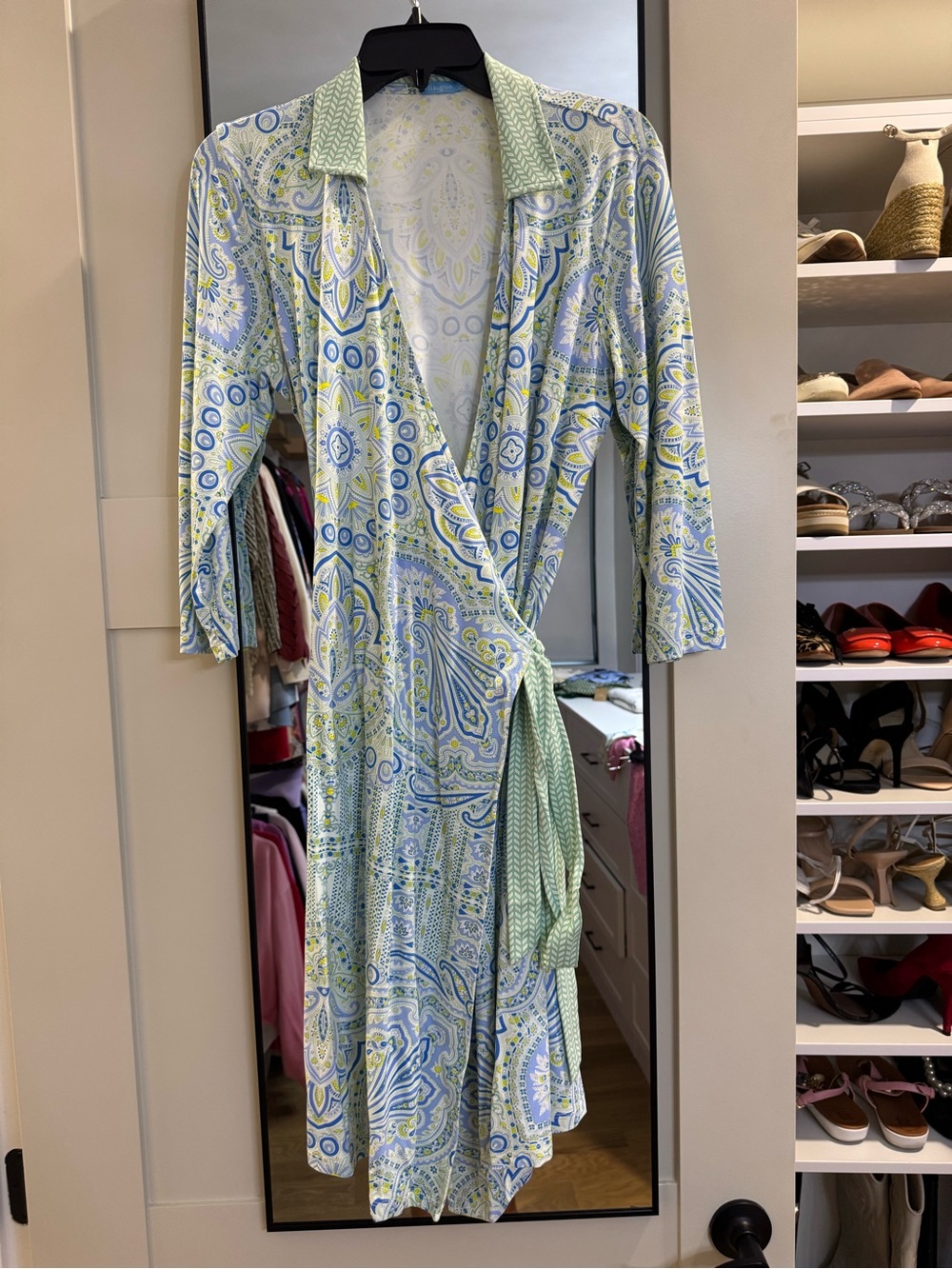 J. McLaughlin Light Blue, Lime & White Paisley Wrap Mini Dress